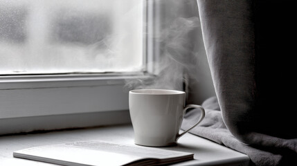 A ceramic coffee cup with steam rising sits on a windowsill next to a partially open curtain, creating a cozy and inviting atmosphere with a soft glow from natural light