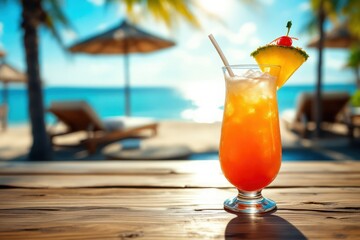 Refreshingly colored tropical cocktail on wooden table by the beach