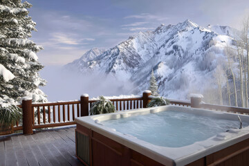 A luxurious mountain cabin terrace features a hot tub overlooking stunning snow-covered peaks and misty valleys, creating a serene and tranquil winter retreat