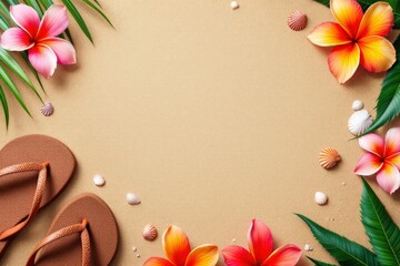 Tropical beach scene with floral decoration and flip flops on sandy background