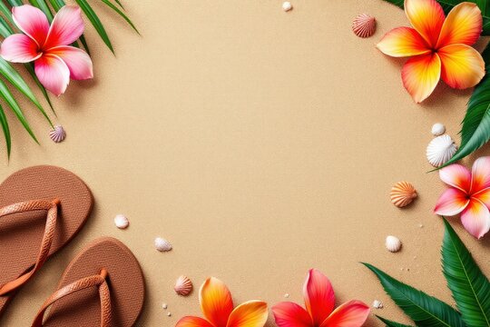 Tropical beach scene with floral decoration and flip flops on sandy background