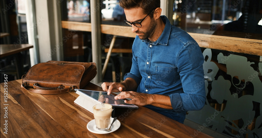 Poster Business, man and typing on tablet at cafe for online research, coffee break and remote work. Freelancer, person and scroll on digital tech at bistro for networking, calendar app and check schedule