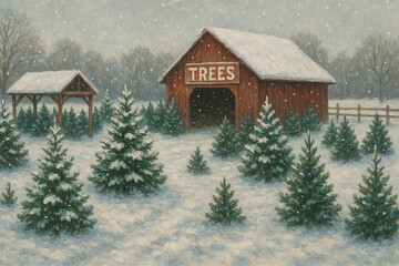 Snowy christmas tree farm with rustic barn in winter wonderland scene. Preparing for Christmas