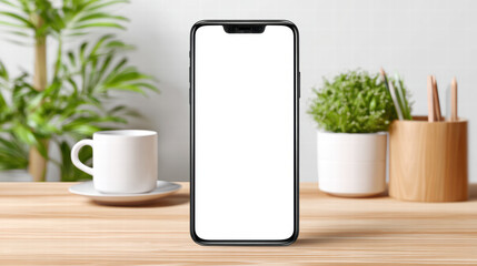 Realistic mockup of smartphone with blank screen, placed on wooden table. background features greenery and coffee cup, creating serene workspace atmosphere