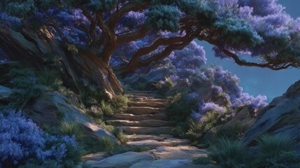 Obraz premium Enchanting Dawn Forest Path Stone Steps Purple Flowers Dreamlike Landscape
