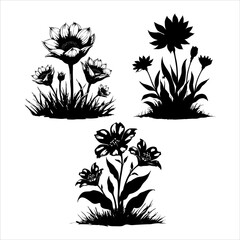 Elegant Flower Bouquet vector illustration. Different wildflowers hand drawn black on white background. Floral decoration silhouette.