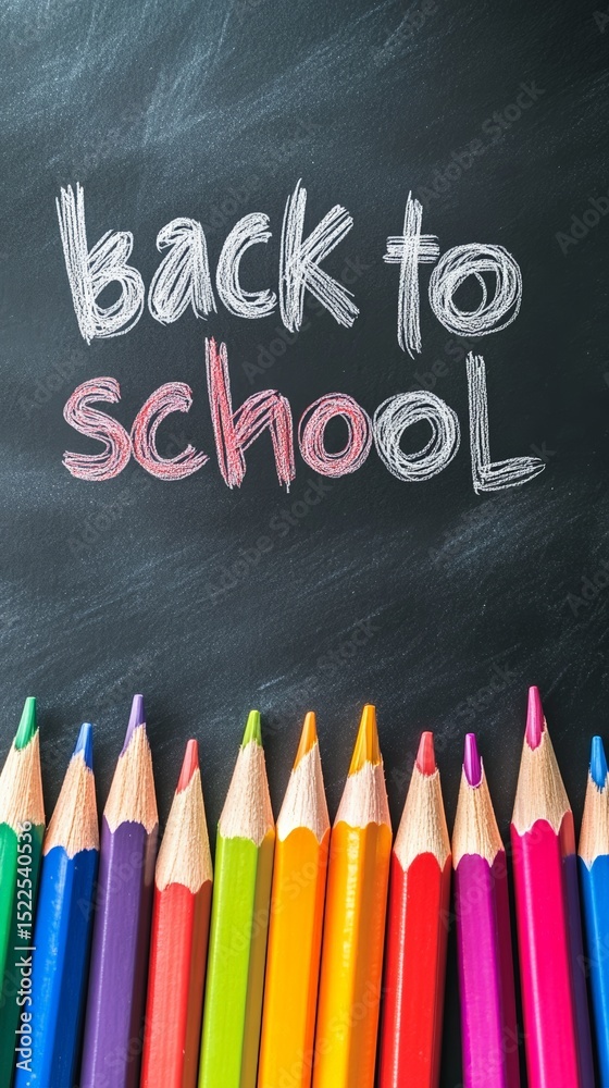 Poster Colorful pencils arranged neatly at the bottom of a blackboard with the phrase back to school written in chalk, creating a vibrant and exciting image perfect for educational projects