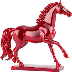 Ruby gemstone horse sculpture in mid-trot, reflecting rich light tones with sharp, smooth contours. 