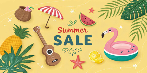 Summer banner template with flamingo float,ukulele,coconut drink,beach umbrella,watermelon,starfish,palm leaves and Summer sale discount text on yellow background,Promotion template for summer 