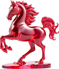 Ruby gemstone horse sculpture in mid-trot, reflecting rich light tones with sharp, smooth contours. 