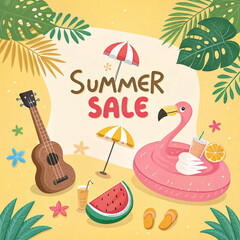 Summer banner template with flamingo float,ukulele,coconut drink,beach umbrella,watermelon,starfish,palm leaves and Summer sale discount text on yellow background,Promotion template for summer 