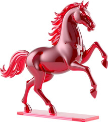 Ruby gemstone horse sculpture in mid-trot, reflecting rich light tones with sharp, smooth contours. 