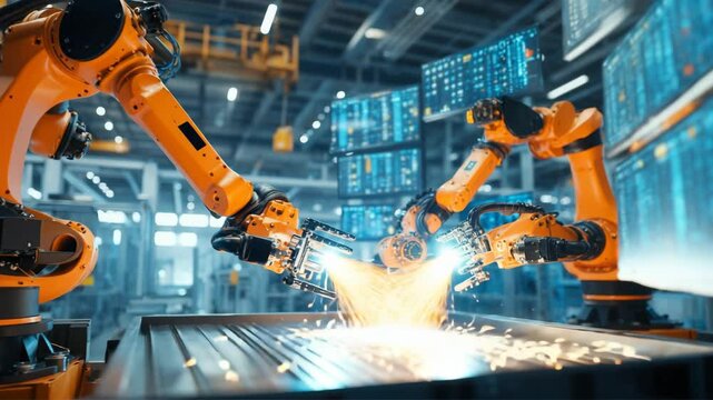 Advanced robotic arms performing welding tasks in a modern manufacturing facility during daytime