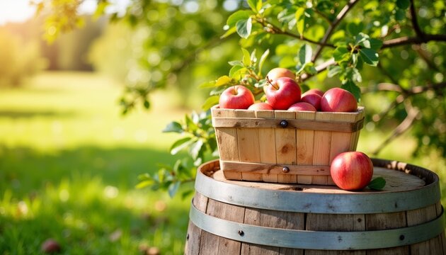 Fresh red apples in wooden basket on barrel in sunny orchard  