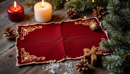 Festive red tablecloth with candles and pinecones on wooden surface  