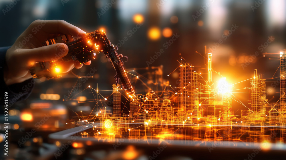 Poster person interacts with glowing digital city model using robotic arm, symbolizing innovation and techn
