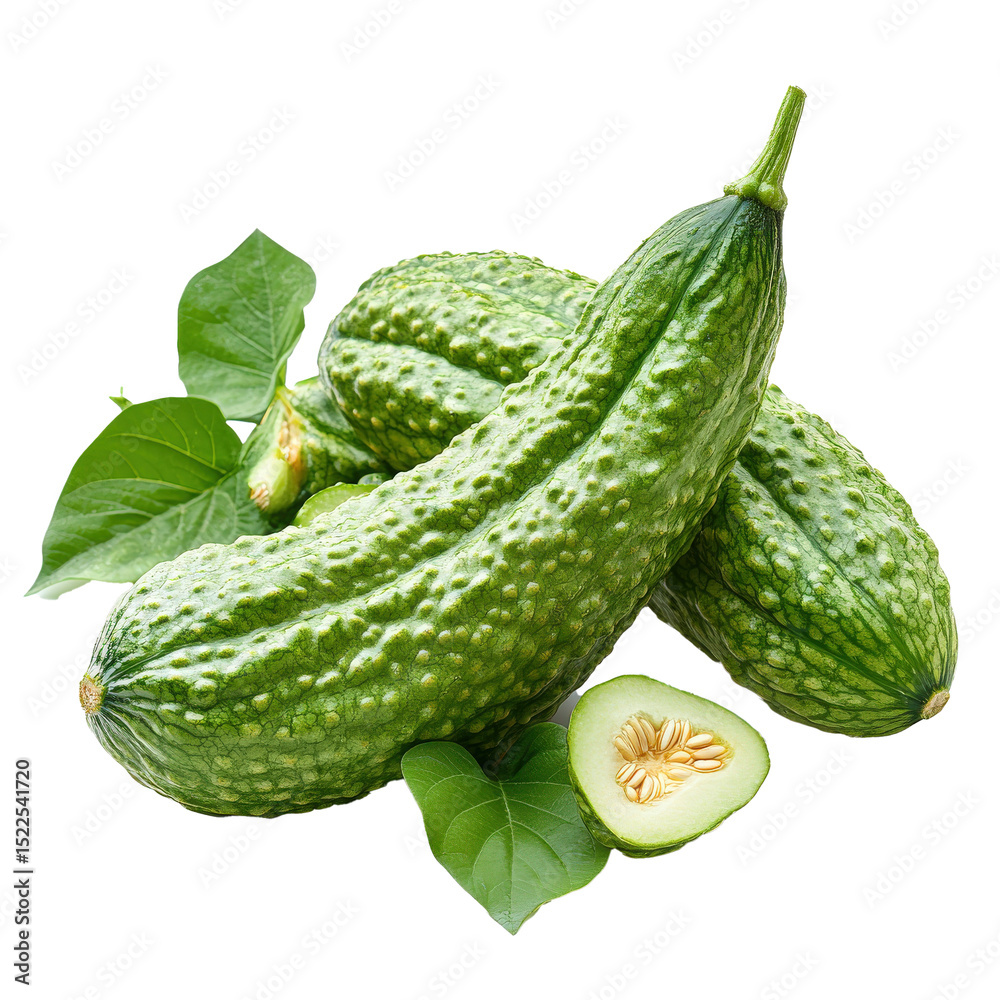 Poster Bitter melon with textured bumpy surface is displayed alongside green leaves and sliced section revealing seeds, isolated on transparency background