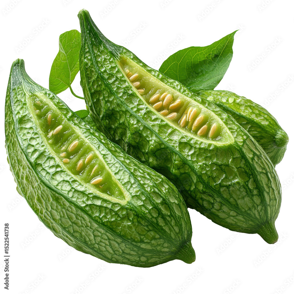 Poster Bitter melon with textured bumpy surface is shown isolated on transparency background, featuring vibrant green color and seeds visible inside. fresh leaves add natural touch