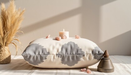 Decorative pillow with gray design and crystals on a tabletop  