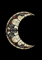 A crescent moon featuring a Gothic stained glass pattern, set against a solid black background.
