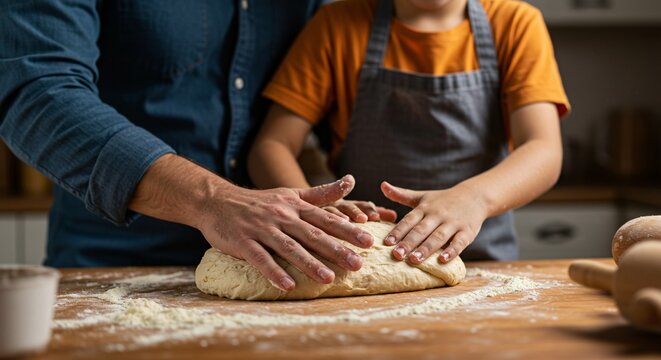 Father and Son Baking Together A heartwarming image of family bonding over bread making