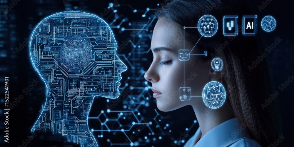 Poster Woman with closed eyes stands beside digital representation of human head, symbolizing artificial intelligence and machine learning. image conveys futuristic and technological theme