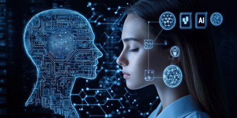 Woman with closed eyes stands beside digital representation of human head, symbolizing artificial intelligence and machine learning. image conveys futuristic and technological theme