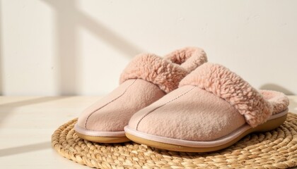 Cozy pink slippers with fluffy lining on a woven mat indoors  