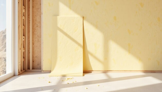 Yellow wallpaper rolls leaning against wall in sunlit room