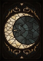 A crescent moon featuring a Gothic stained glass pattern, set against a solid black background.
