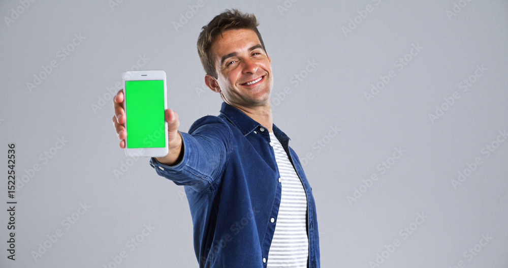Aufkleber man, portrait and phone with green screen in studio for website, mockup space and white background. 