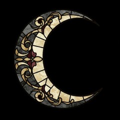 A crescent moon featuring a Gothic stained glass pattern, set against a solid black background.
