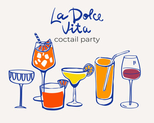 Set of hand-drawn whimsical illustrations of cocktails, alcoholic martini, aperol spritz in ink doodle style. Hand-drawn collection of drinks. Italian Aperitif Drink Collection. Doodle Style