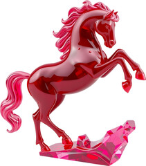Ruby gemstone horse sculpture in mid-trot, reflecting rich light tones with sharp, smooth contours. 