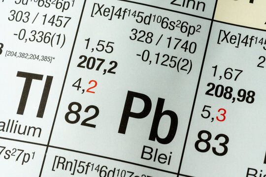 Lead German periodic table of elements macro close-up chemical physical description