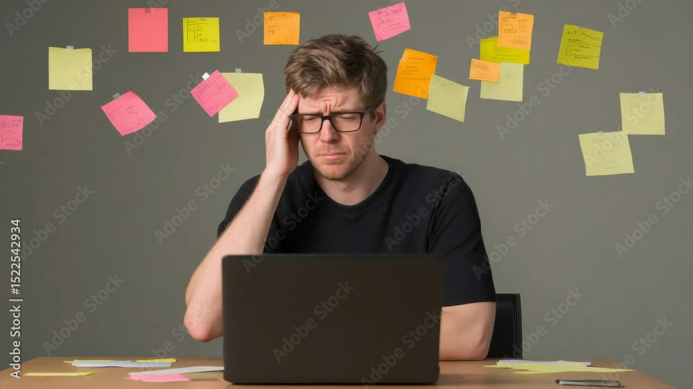 Poster office worker experiencing a headache from excessive workload, surrounded by sticky notes symbolizin