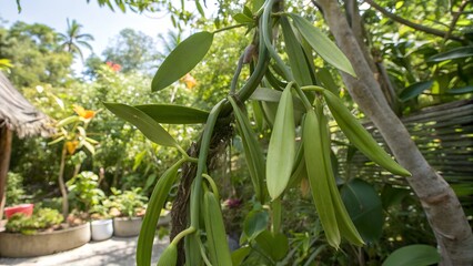 Vanilla Beans Growing on Orchid Vine in Natural Garden Setting