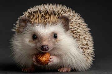 Fototapeta premium Fluffy hedgehog holding small orange fruit