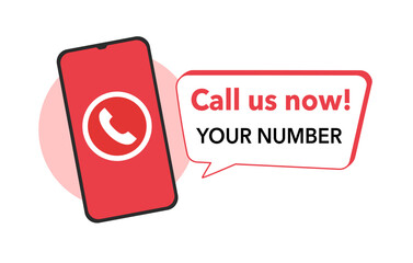 Call us button template for phone number in website header. Smartphone with phone number in flat design.