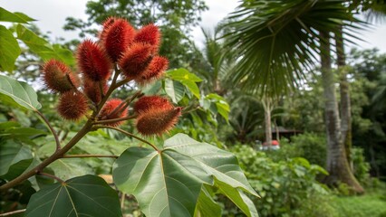 Annatto Tree with Open Seed Pods in Tropical Garden
