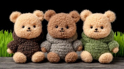 Fototapeta premium Adorable Knitted Teddy Bears in Hoodies Cute Toy Animals Soft Plush Toys