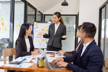 Group of Asian business working with analysis project brainstorm in modern office, Asian...