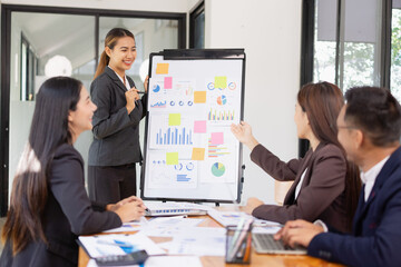 Group of Asian business working with analysis project brainstorm in modern office, Asian businesspeople team working together, Business startup and company strategy planning concept.