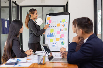 Group of Asian business working with analysis project brainstorm in modern office, Asian...