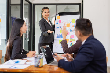 Group of Asian business working with analysis project brainstorm in modern office, Asian businesspeople team working together, Business startup and company strategy planning concept.