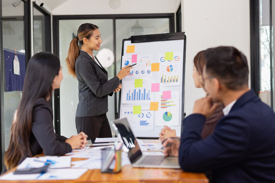 Group of Asian business working with analysis project brainstorm in modern office, Asian businesspeople team working together, Business startup and company strategy planning concept.