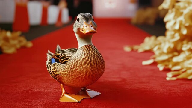 An adorable rubber duck on a red carpet, likely used as part of a themed event or ceremony.
