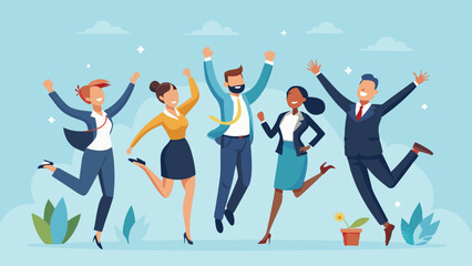 Energetic Diverse Business Team Celebrates Success with Joyful Leaping against a Blue Background