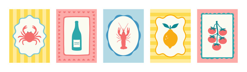 Hand drawn vector abstract marine food posters. Amalfi, dolce vita style