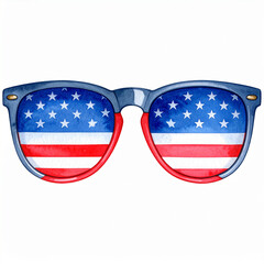 American Spirit Reflected: An artistic representation of sunglasses, the lenses meticulously painted with the American flag, symbolizing patriotism, summer and stylish eyewear.